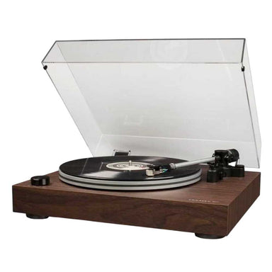 Crosley C8 Turntable - Walnut emphasizes its open design with elegant lines and a sturdy base