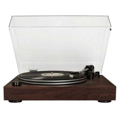 Crosley C8 Turntable - Walnut is pictured with its clear dust cover open, revealing a minimalist design and robust audio-grade MDF plinth