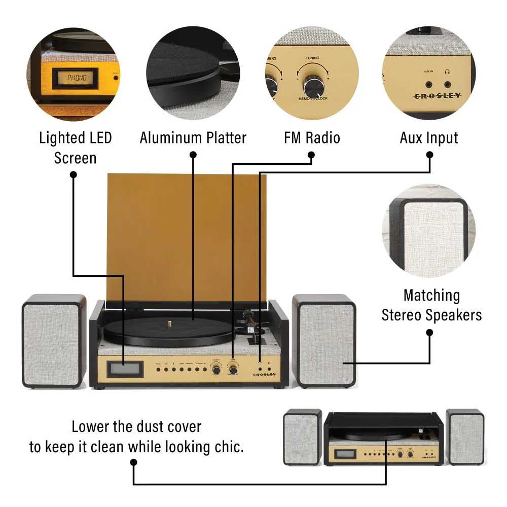 Crosley Coda Shelf System - Black & Silver features a lighted LED screen, aluminum platter, FM radio, and aux input, with matching stereo speakers