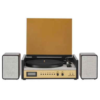 Crosley Coda Shelf System - Black & Silver features a modern design with a dust cover, two stereo speakers, and a stylish finish suitable