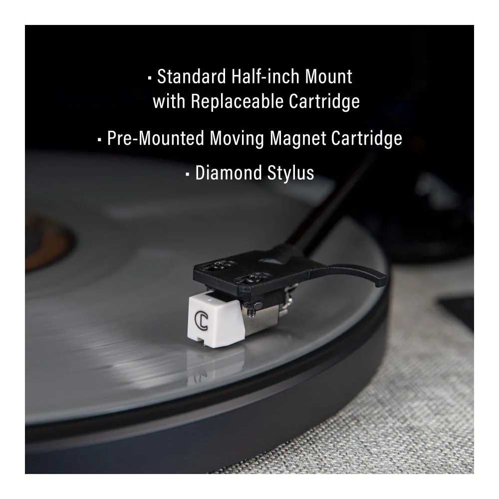 Crosley Coda Shelf System - Black & Silver includes a standard half-inch mount with a replaceable cartridge, a pre-mounted moving magnet cartridge, and a diamond stylus