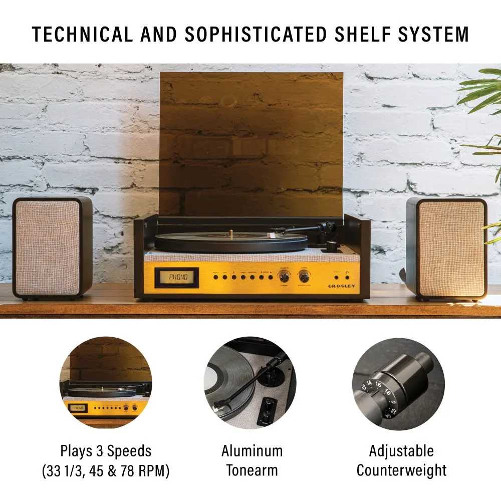 Crosley Coda Shelf System - Black & Silver is a modern turntable with matching stereo speakers, a sleek design, and a technical layout ideal