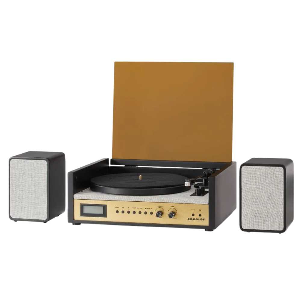 Crosley Coda Shelf System - Black & Silver is presented in a side-angle view, showcasing its black and silver finish, two speakers, and elegant build