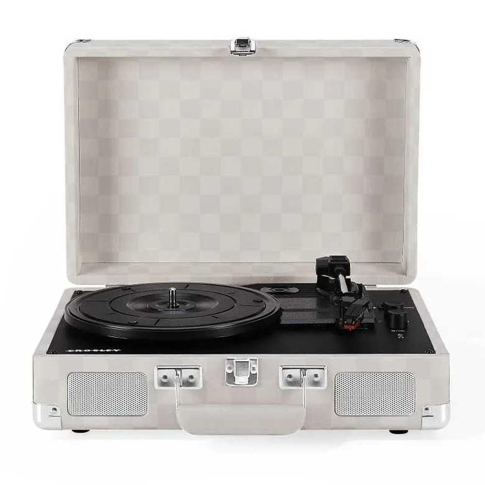 Crosley Cruiser Plus Portable Turntable with Bluetooth InOut - Almond Checkerboard is open, displaying its black turntable and built-in stereo speakers