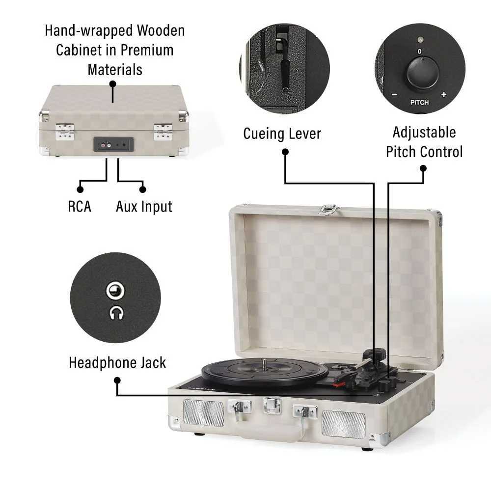 Crosley Cruiser Plus Portable Turntable with Bluetooth InOut - Almond Checkerboard is showcased with labeled features like pitch control, cueing lever, and connectivity ports