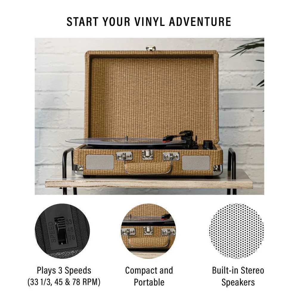 Crosley Cruiser Plus Portable Turntable with Bluetooth InOut - Basketweave, highlighting its open case design and built-in stereo speakers