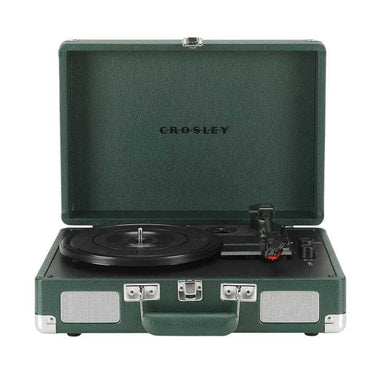 Crosley Cruiser Plus Portable Turntable with Bluetooth InOut - Emerald is showcased in an open position, revealing the turntable platter and built-in speakers