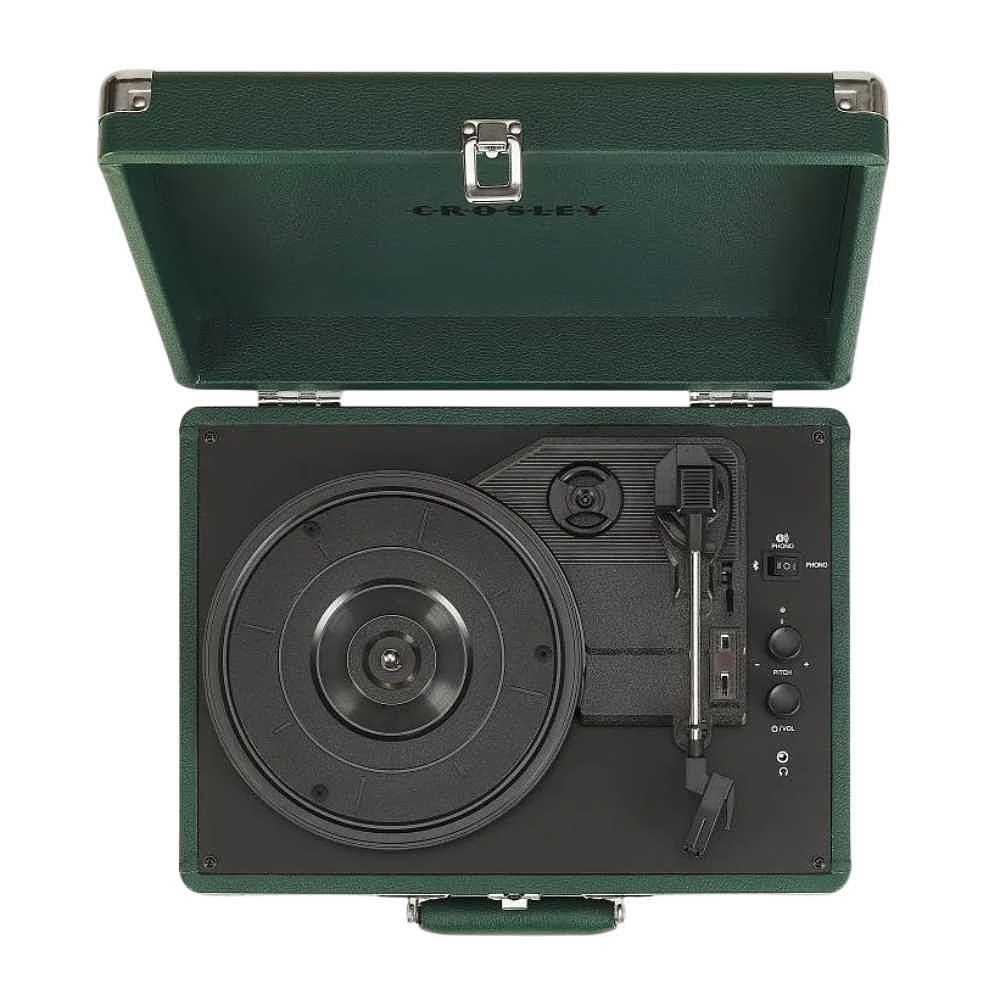 Crosley Cruiser Plus Portable Turntable with Bluetooth InOut - Emerald shows its internal design with a turntable platter, tonearm, and control buttons