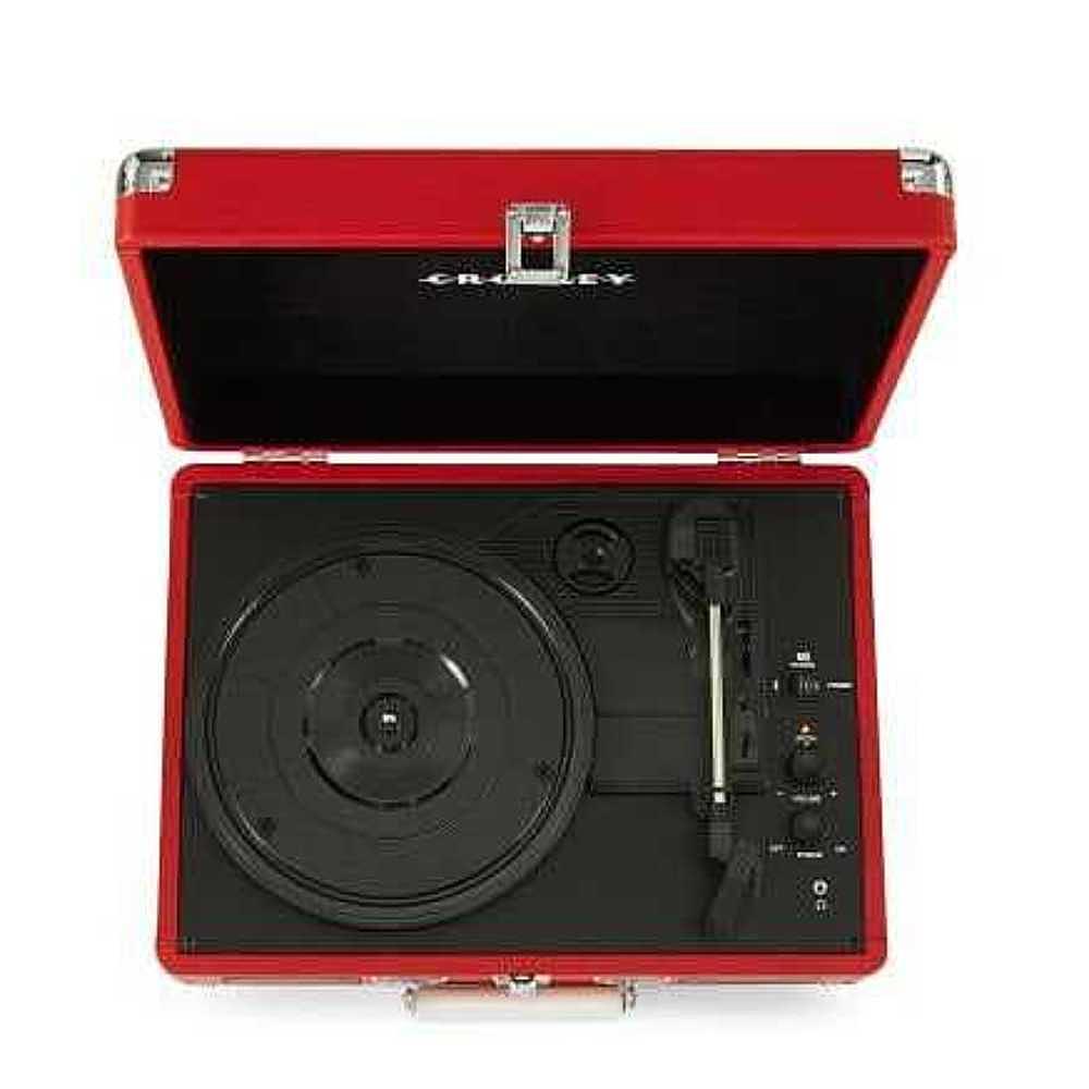 Crosley Cruiser Plus Portable Turntable with Bluetooth InOut - Exclusive Red Vinyl is shown open with its vinyl player components neatly displayed inside a vibrant red case