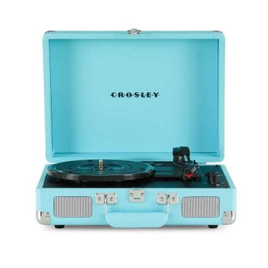 Crosley Cruiser Plus Portable Turntable with Bluetooth InOut - Exclusive Turquoise is open to show its Bluetooth functionality and user-friendly setup