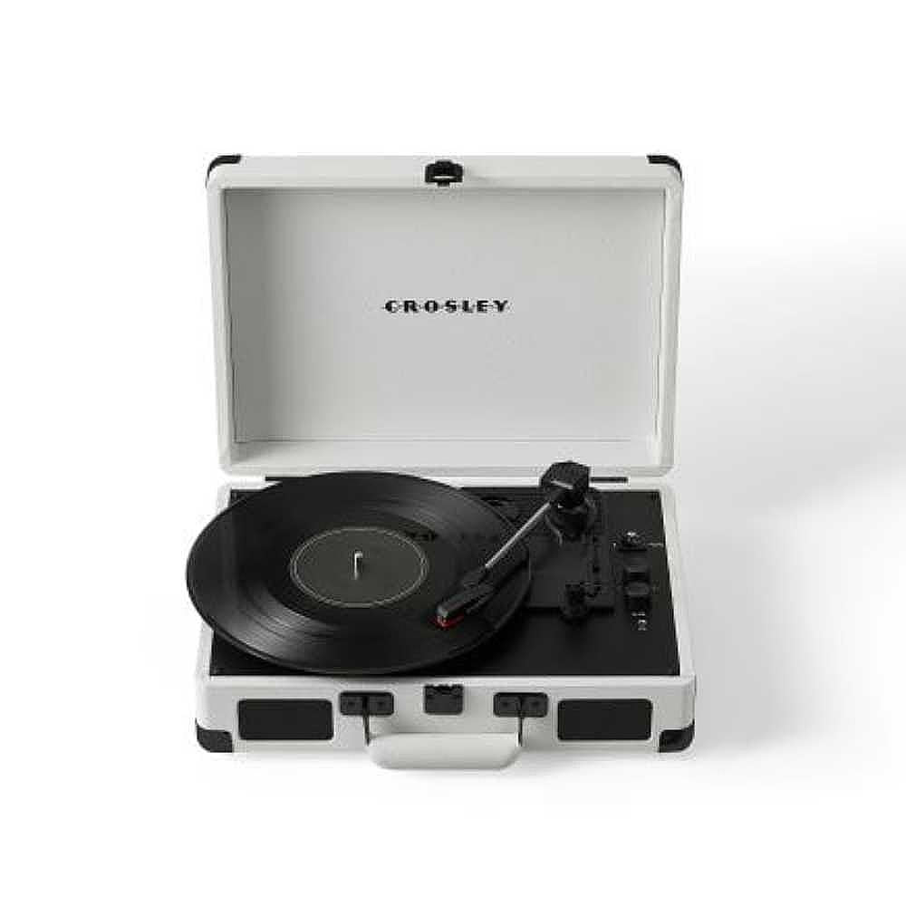 Crosley Cruiser Plus Portable Turntable with Bluetooth InOut - Exclusive White Farmhouse is displayed with a black vinyl on the platter