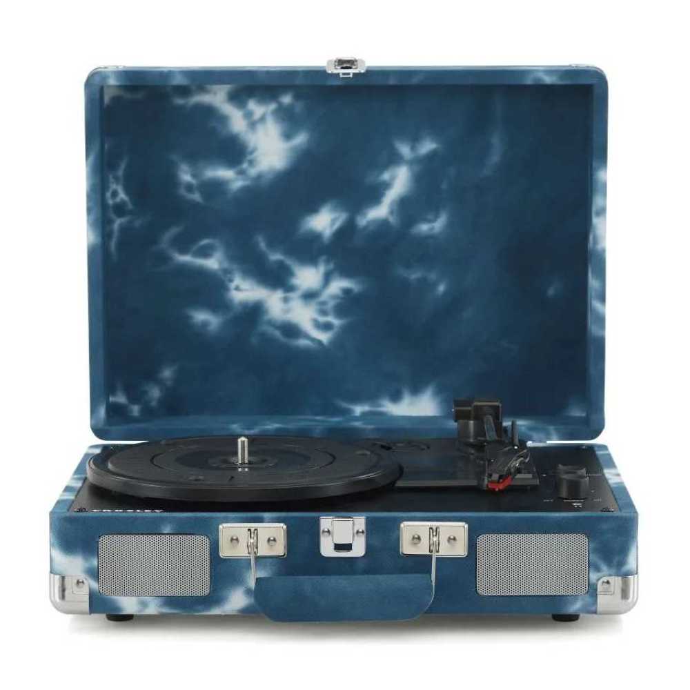 Crosley Cruiser Plus Portable Turntable with Bluetooth InOut - Indigo is displayed with its vibrant indigo design and iconic suitcase