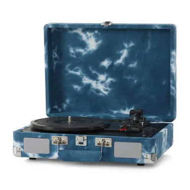 Crosley Cruiser Plus Portable Turntable with Bluetooth InOut - Indigo sits open, showcasing its stylish exterior and functional controls