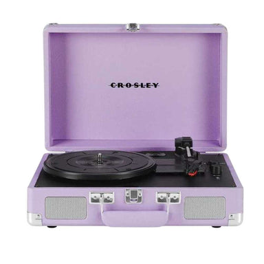 Crosley Cruiser Plus Portable Turntable with Bluetooth InOut - Lavender is displayed open, showcasing its vinyl-ready platter and lavender case