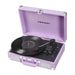 Crosley Cruiser Plus Portable Turntable with Bluetooth InOut - Lavender is displayed open with a black vinyl record on its platter