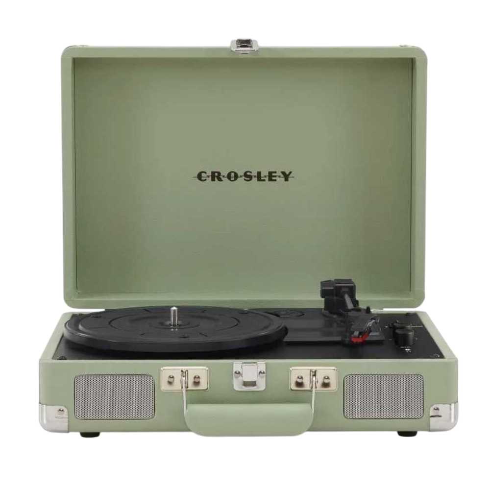 Crosley Cruiser Plus Portable Turntable with Bluetooth InOut - Mint features its iconic open suitcase design with built-in front-facing stereo speakers and a black turntable