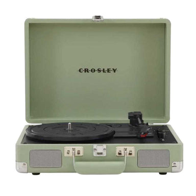 Crosley Cruiser Plus Portable Turntable with Bluetooth InOut - Mint features its iconic open suitcase design with built-in front-facing stereo speakers and a black turntable