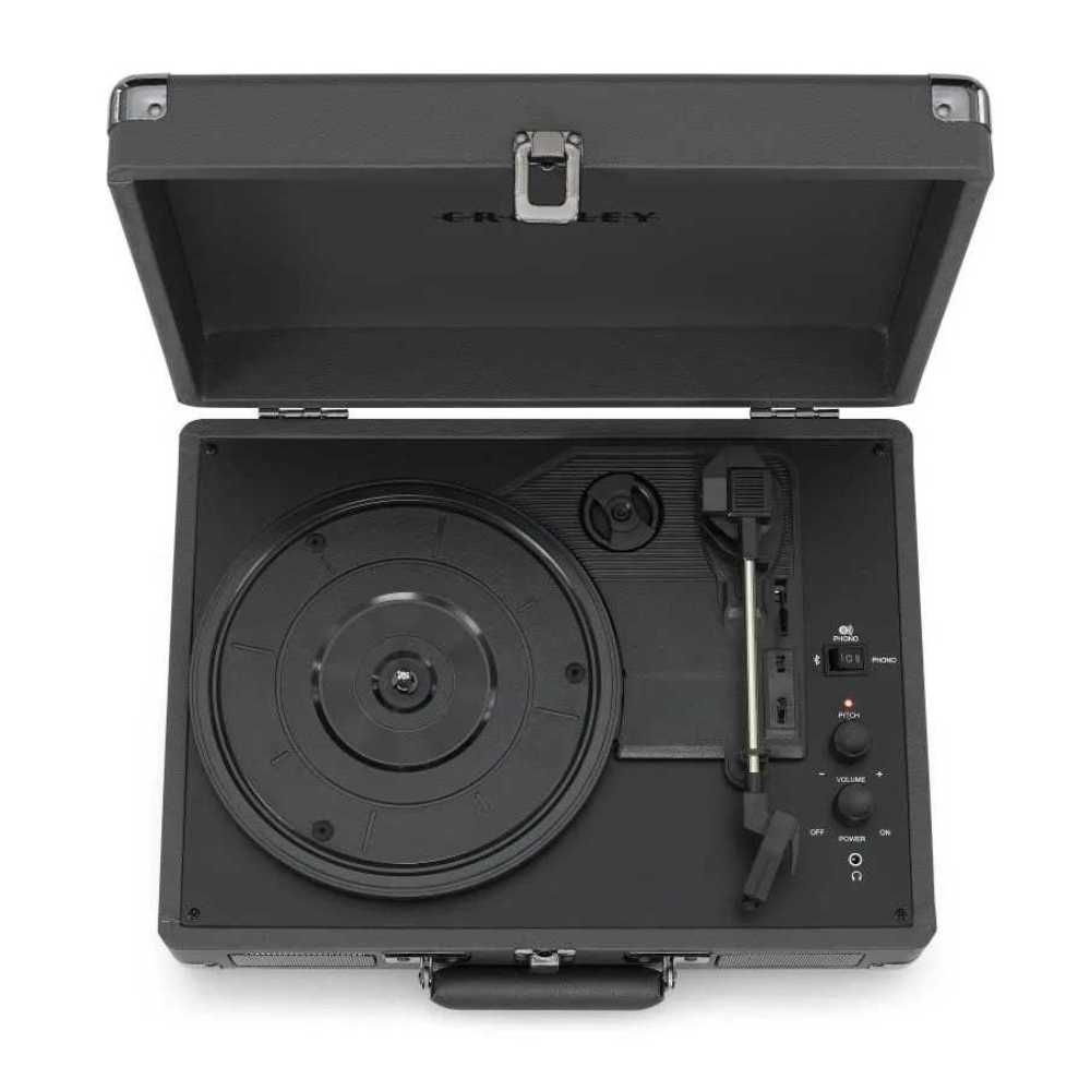 Crosley Cruiser Plus Portable Turntable with Bluetooth InOut - Slate is displayed open, revealing its turntable mechanism and intuitive controls