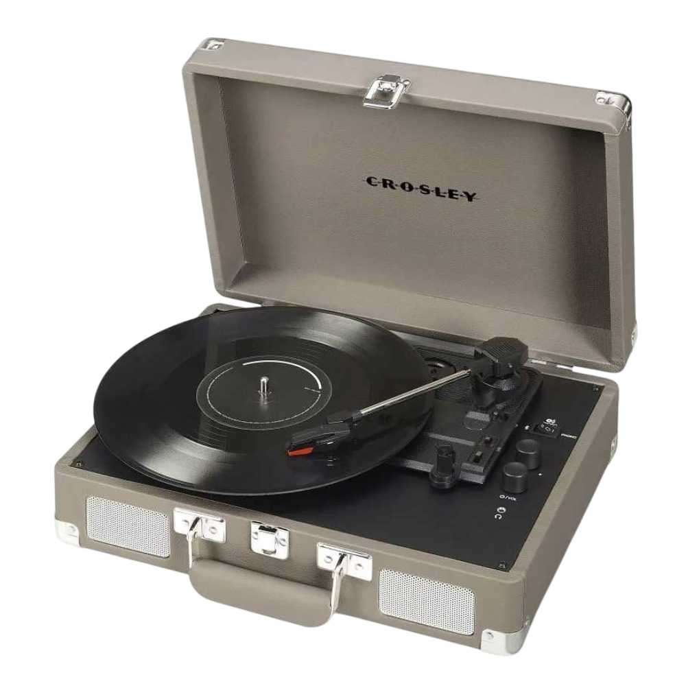 Crosley Cruiser Plus Portable Turntable with Bluetooth InOut - Taupe is showcased in full view with a classic vinyl record playing