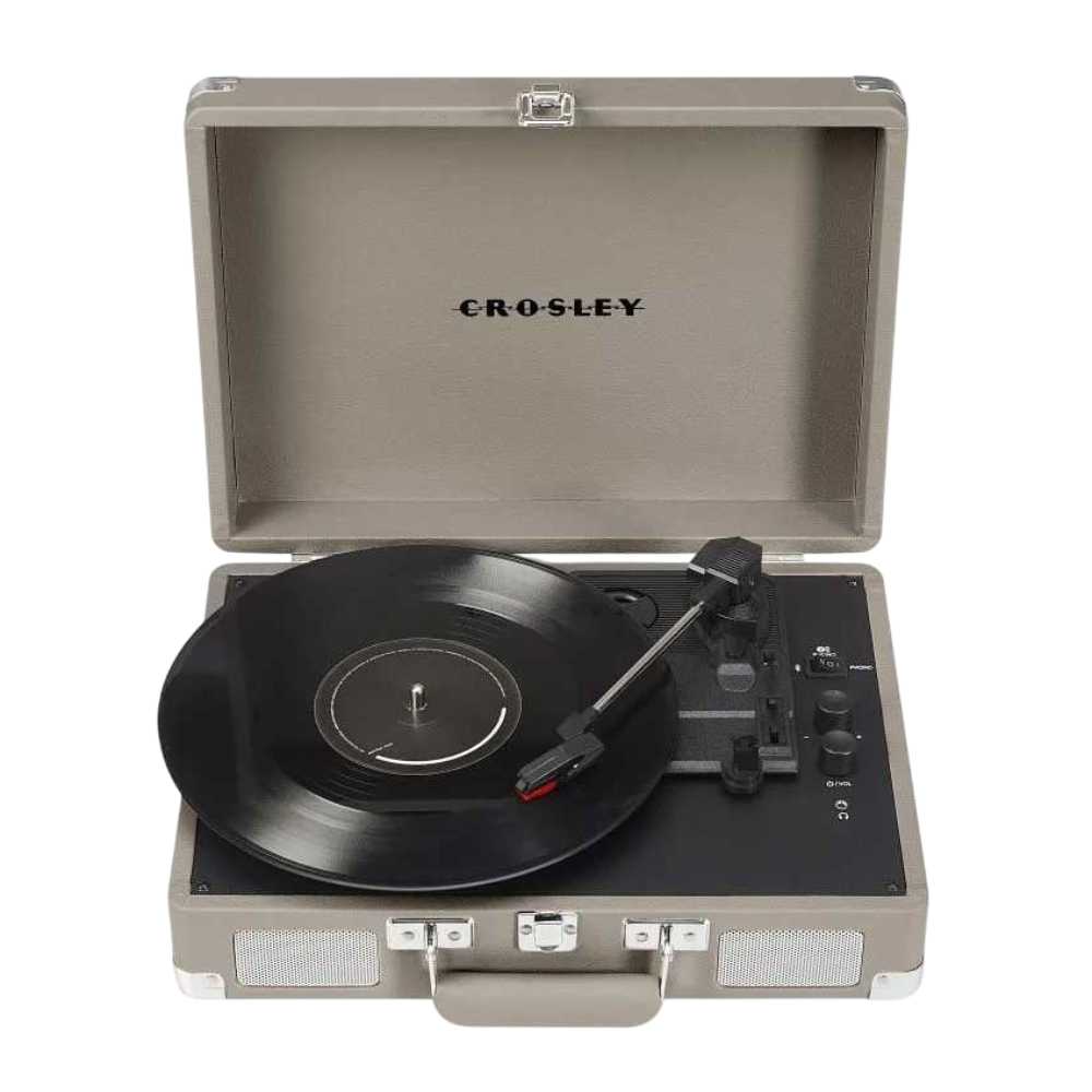 Crosley Cruiser Plus Portable Turntable with Bluetooth InOut - Taupe is shown open with a black vinyl record spinning