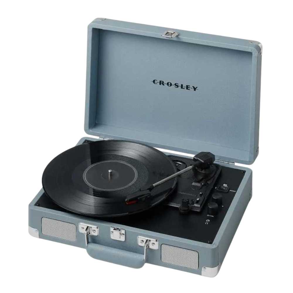 Crosley Cruiser Plus Portable Turntable with Bluetooth InOut - Tourmaline open with a black vinyl record on the platter