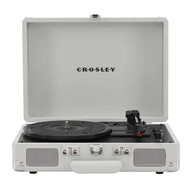 Crosley Cruiser Plus Portable Turntable with Bluetooth InOut - White Sand displays an open lid with its clean and minimalist layout