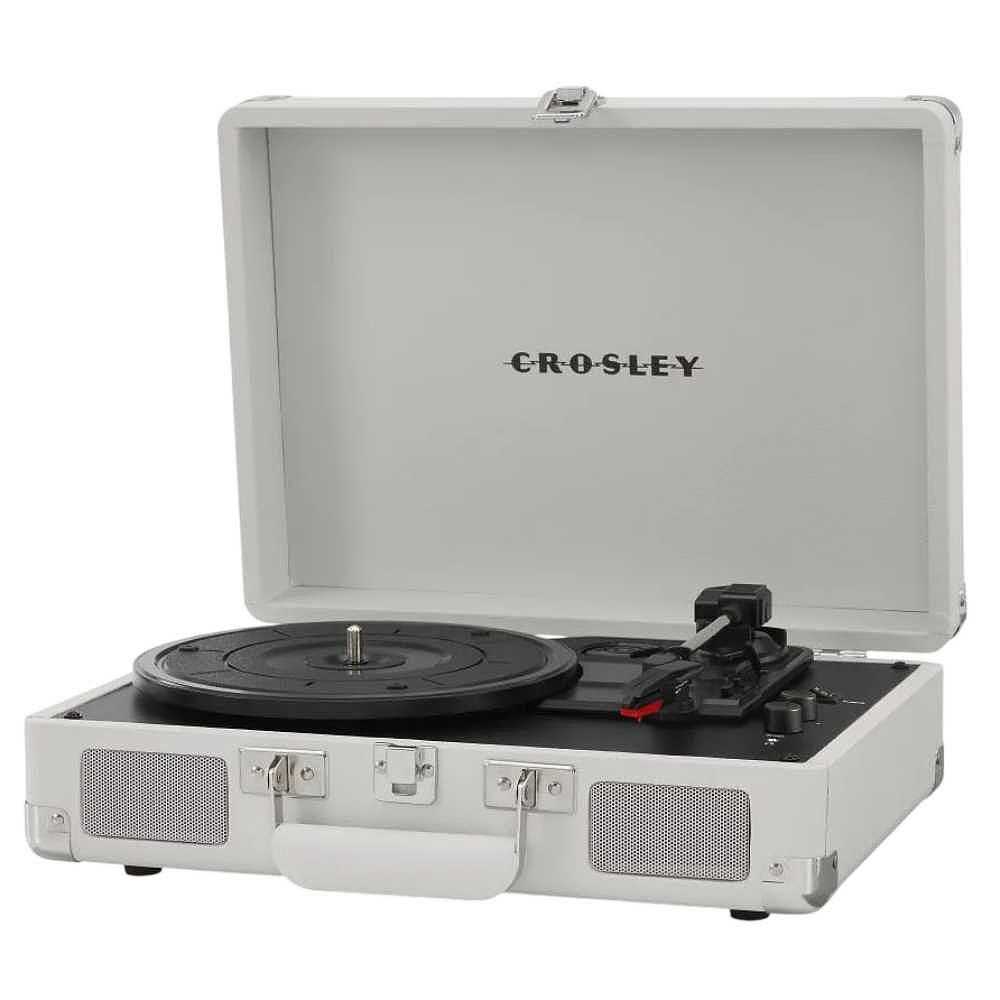 Crosley Cruiser Plus Portable Turntable with Bluetooth InOut - White Sand shows an angled view of the open turntable