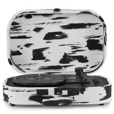 Crosley Discovery Portable Turntable with Bluetooth Out - Black & White, featuring abstract black-on-white patterns