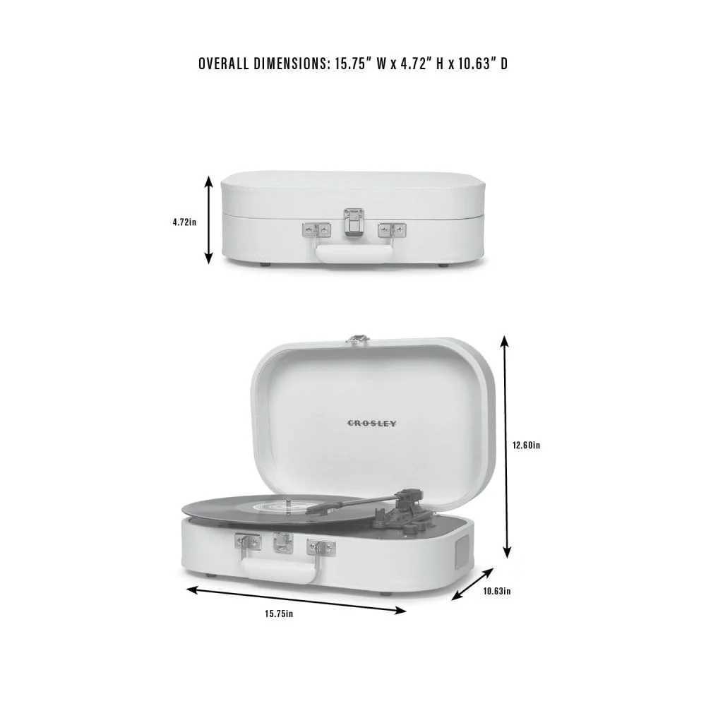 Crosley Discovery Portable Turntable with Bluetooth Out - Black & White is shown with dimensions labeled, measuring 15.75 inches wide and 4.72 inches high