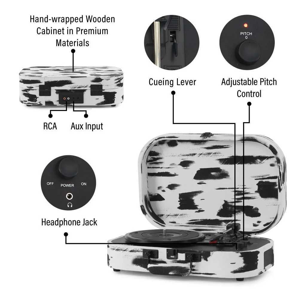 Crosley Discovery Portable Turntable with Bluetooth Out - Black & White showcases its compact build with details like a cueing lever, adjustable pitch control, and RCA ports