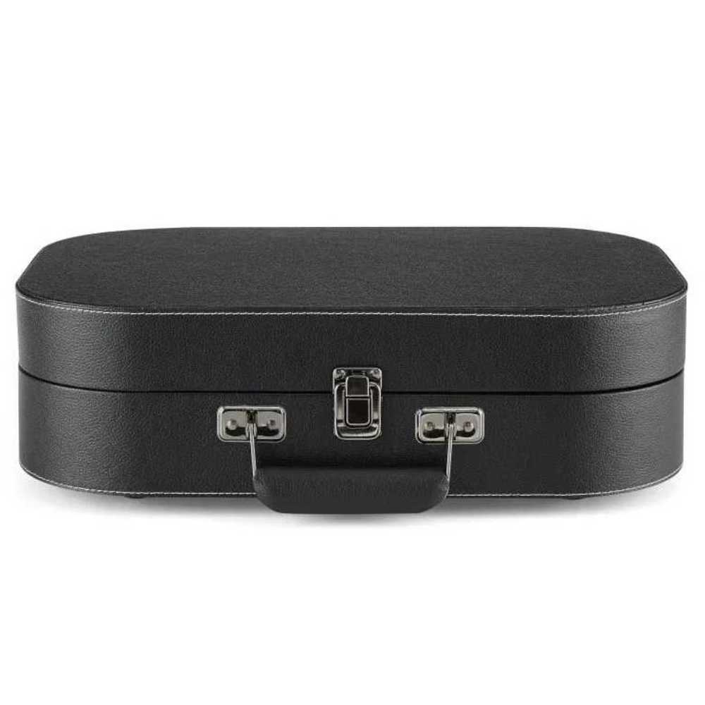 Crosley Discovery Portable Turntable with Bluetooth Out - Black is shown closed, with a suitcase-style black exterior, silver latches, and a leather handle