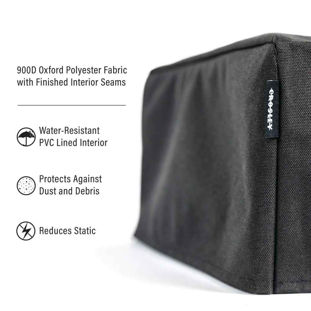 Crosley Fabric Turntable Dust Cover - Black is shown with text highlighting its water-resistant fabric, dust protection, and anti-static benefits