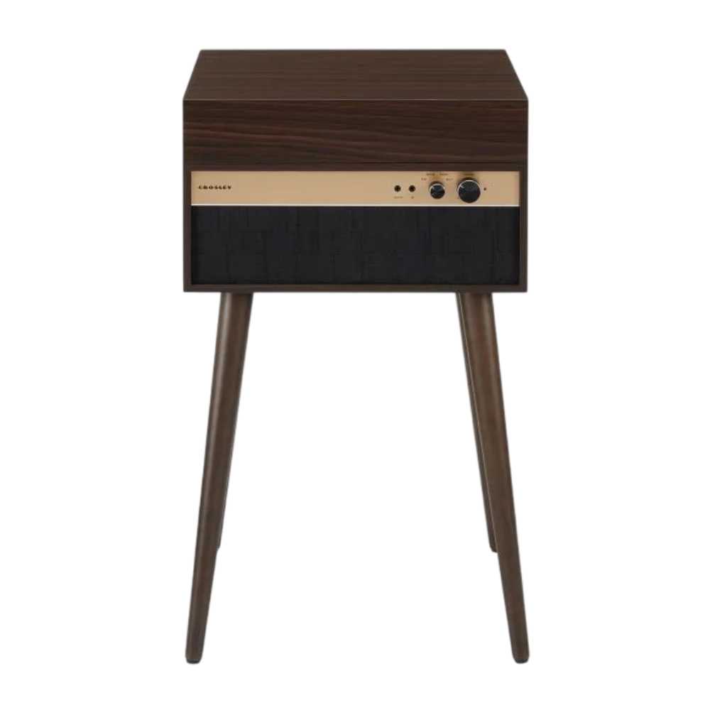 Crosley Jasper Turntable - Walnut is displayed with its lid closed