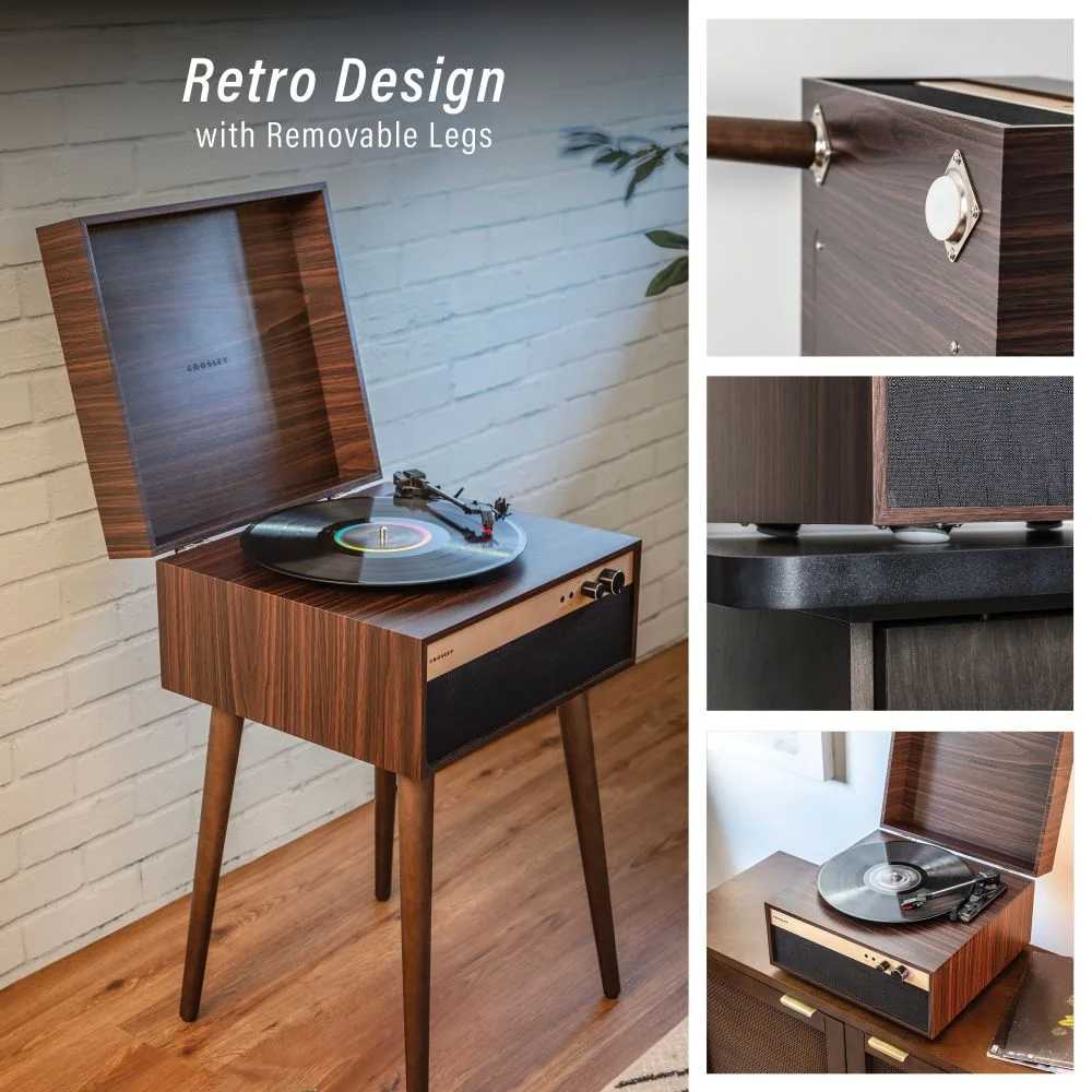 Crosley Jasper Turntable - Walnut is illustrated with its removable legs