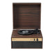 Crosley Jasper Turntable - Walnut is presented in a tabletop setup with a smaller vinyl record placed on the platter and its control panel visible