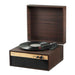 Crosley Jasper Turntable - Walnut is presented in a tabletop setup with its lid open and a vinyl record spinning