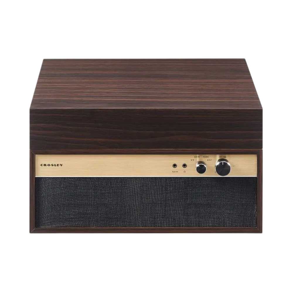 Crosley Jasper Turntable - Walnut is shown closed in a box-style design with a visible speaker grille and control knobs