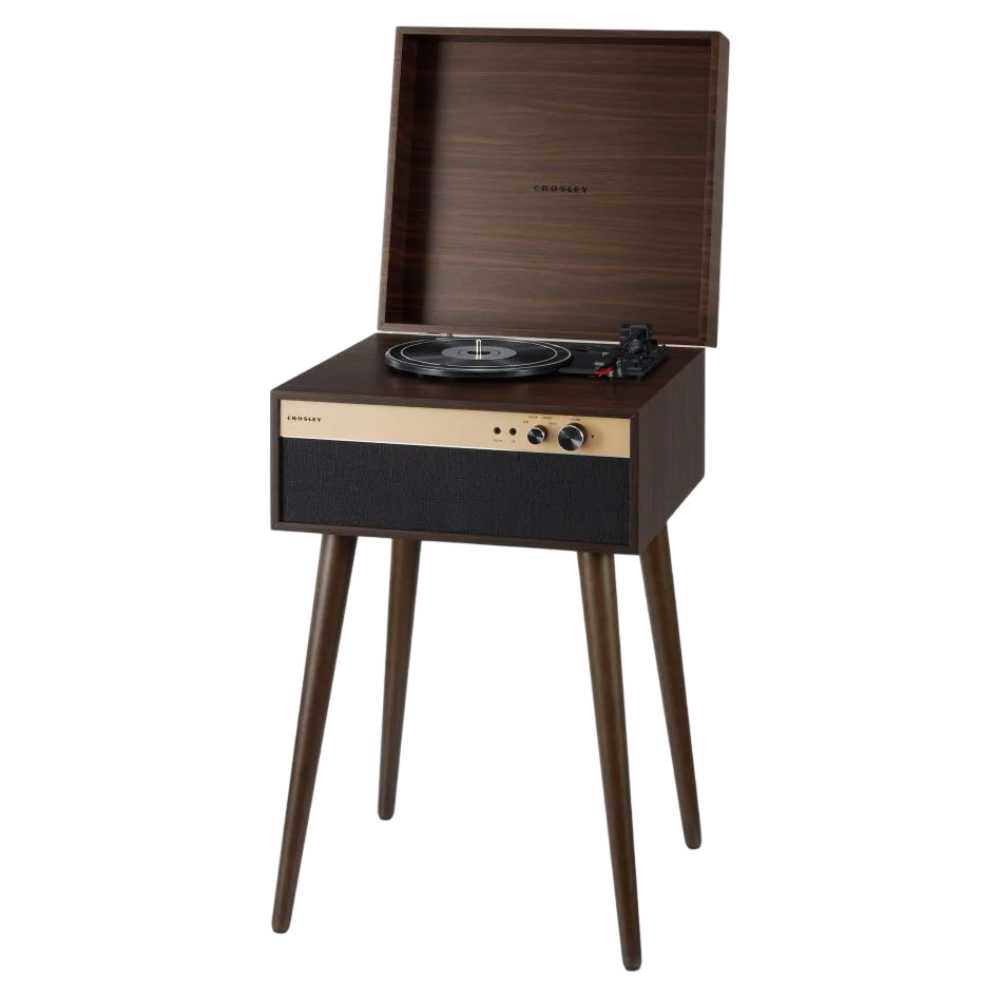 Crosley Jasper Turntable - Walnut is shown standing on wooden legs with its lid open, highlighting its mid-century modern design