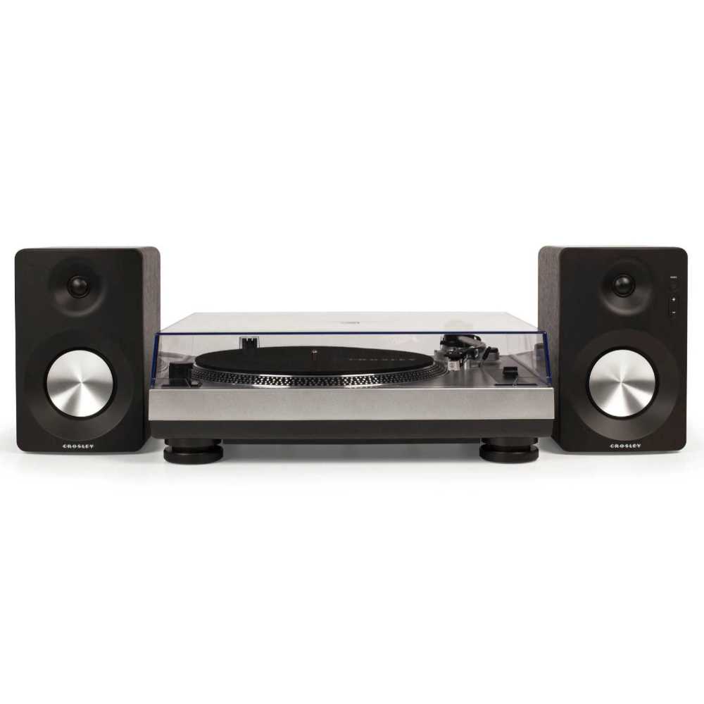 Crosley K100A Record Player with S100 Speakers - Silver emphasizes the turntable with its clean silver finish and compact black speakers on both sides