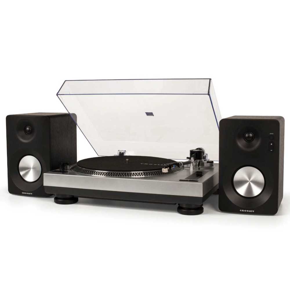 Crosley K100A Record Player with S100 Speakers - Silver features a sleek turntable with a transparent lid and compact black speakers on each side