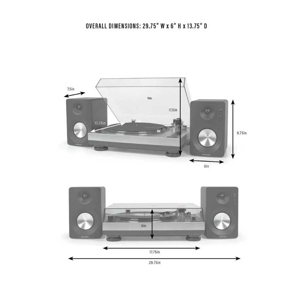 Crosley K100A Record Player with S100 Speakers - Silver includes dimensions with the turntable and speakers measuring 29.75 inches wide and 6 inches high