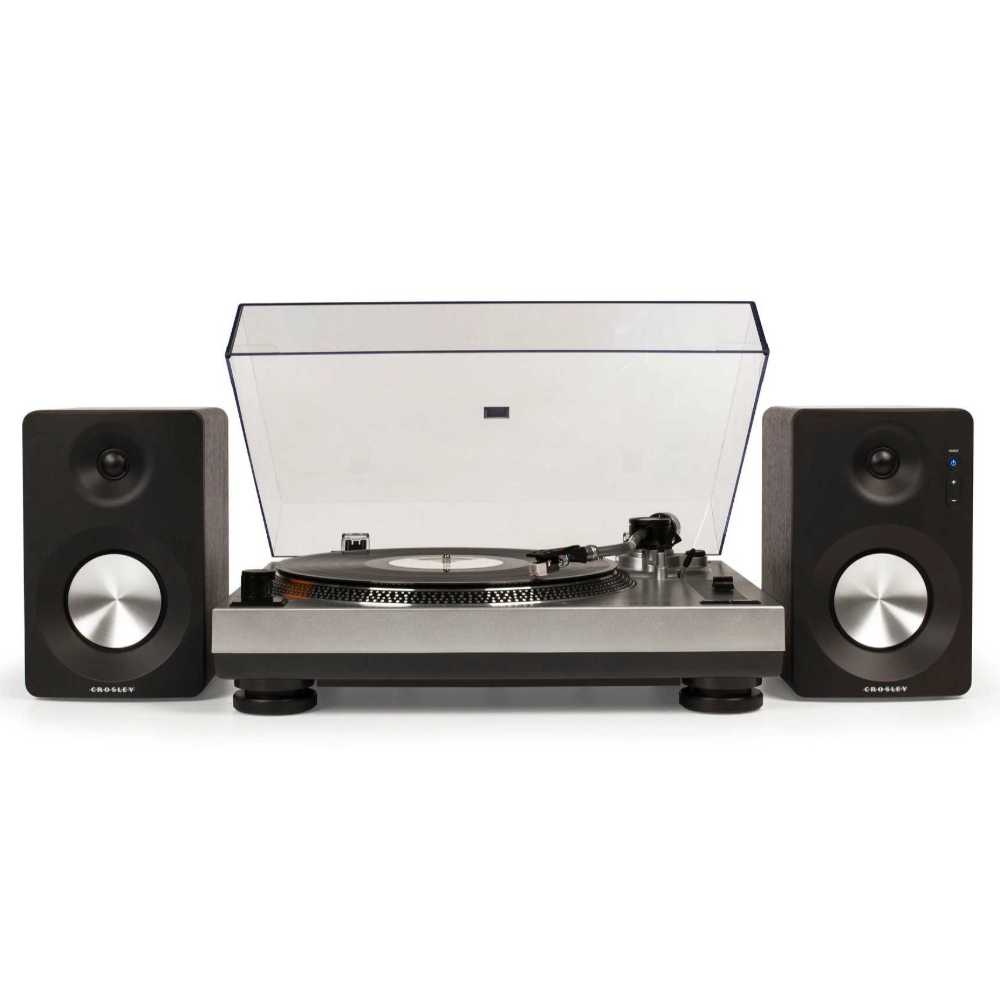 Crosley K100A Record Player with S100 Speakers - Silver presents a minimalistic turntable setup, featuring clear dust protection and premium black speakers