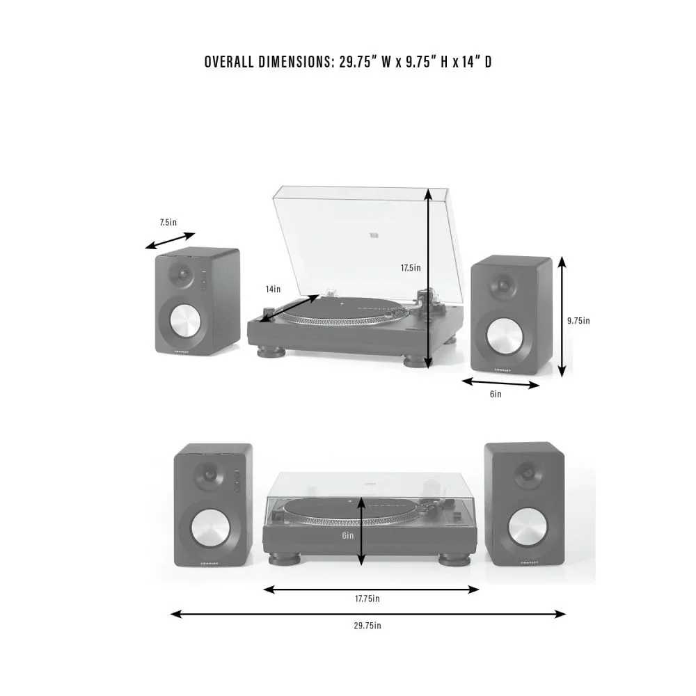 Crosley KT100 K-Series Turntable System - Black dimensions are illustrated with precise measurements for the turntable and speakers