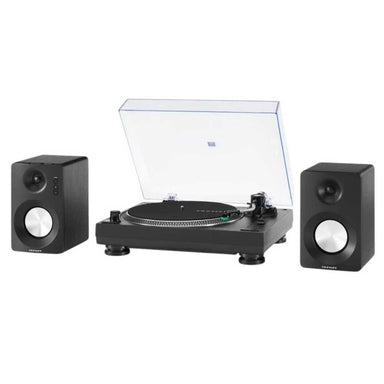 Crosley KT100 K-Series Turntable System - Black is displayed with its open dust cover and two stereo speakers