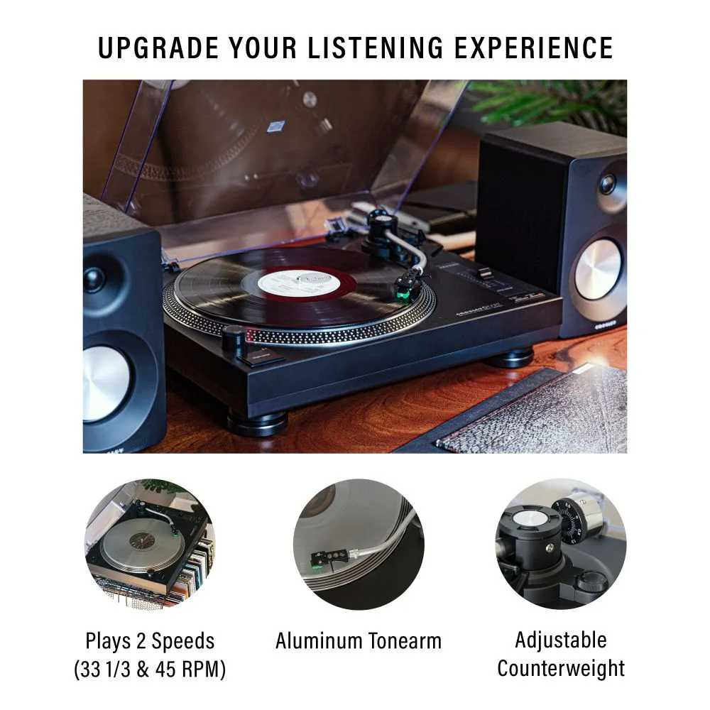 Crosley KT100 K-Series Turntable System - Black is shown with a vinyl record playing, highlighting its aluminum tonearm, adjustable counterweight, and dual-speed capability (33 13 & 45 RPM)