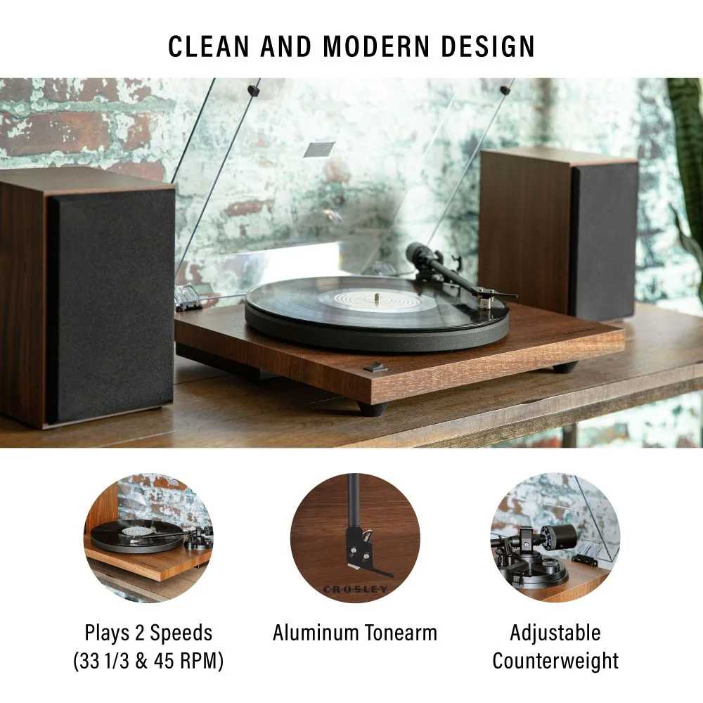 Crosley KT6101 K-Series Turntable System - Mahogany highlights its aluminum tonearm, adjustable counterweight, and dual-speed settings