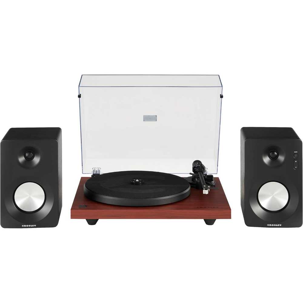 Crosley KT6101 K-Series Turntable System - Mahogany is displayed with its clear dust cover open and two matching stereo speakers