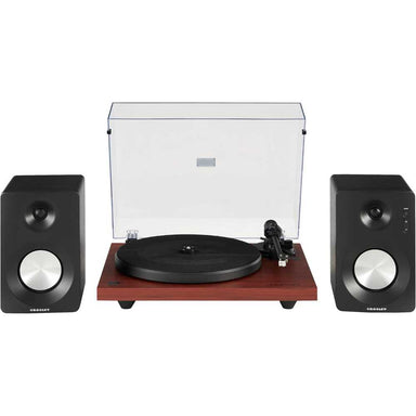 Crosley KT6101 K-Series Turntable System - Mahogany is displayed with its clear dust cover open and two matching stereo speakers