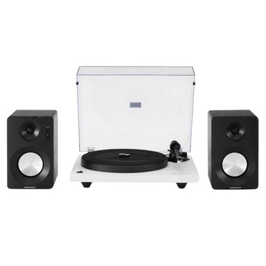 Crosley KT6101 K-Series Turntable System - White is shown with its turntable and two black stereo speakers in a symmetrical front view