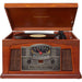 Crosley Lancaster Entertainment Center - Paprika is shown playing a vinyl record with its wooden lid open, highlighting the vintage design and multifunctional panel